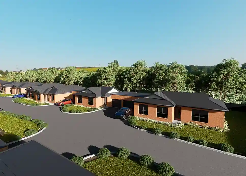 Aerial view of the modern single‑storey homes and landscaped gardens at Yarragon Village